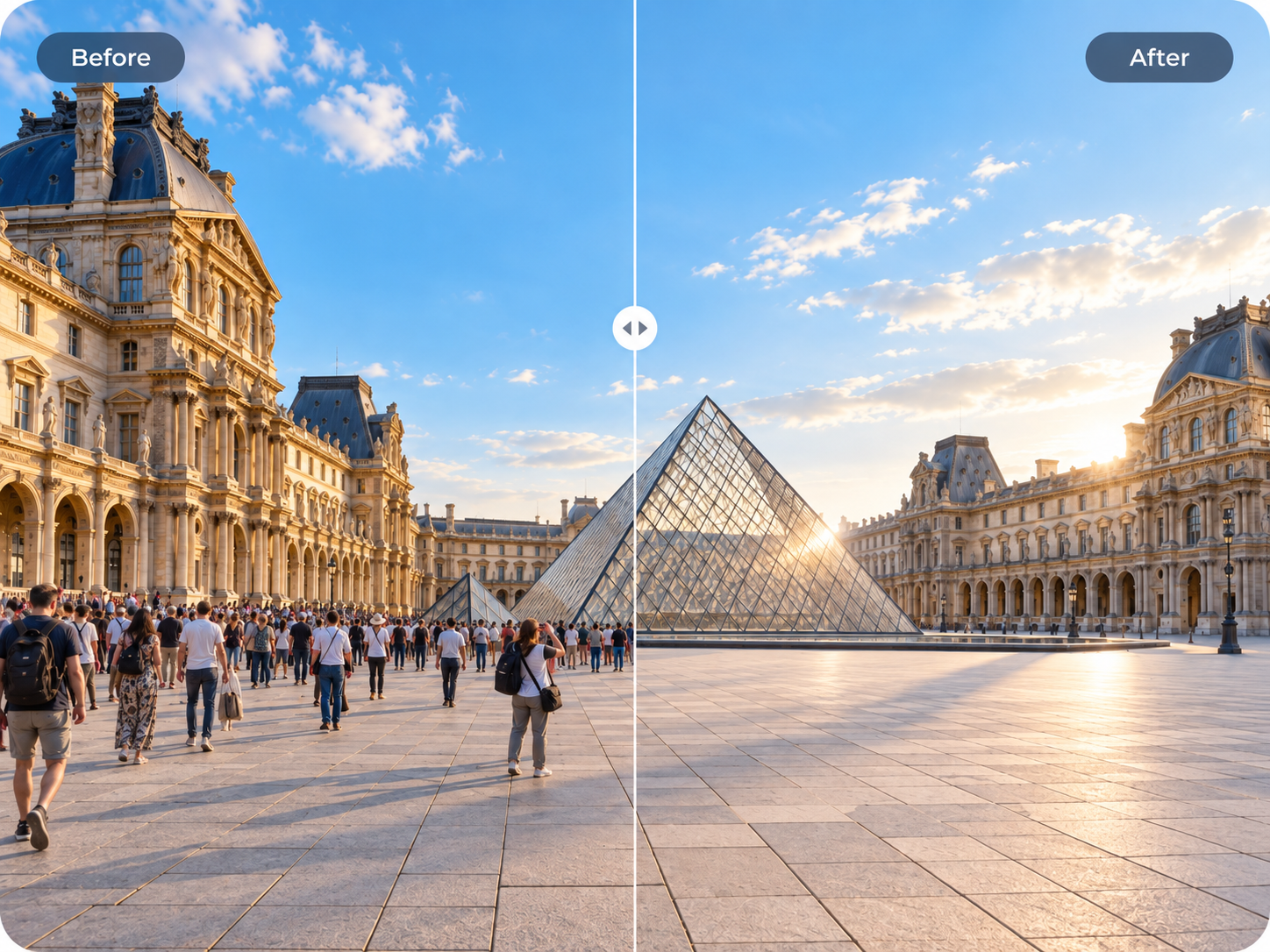 Travel photos without the crowd — before and after